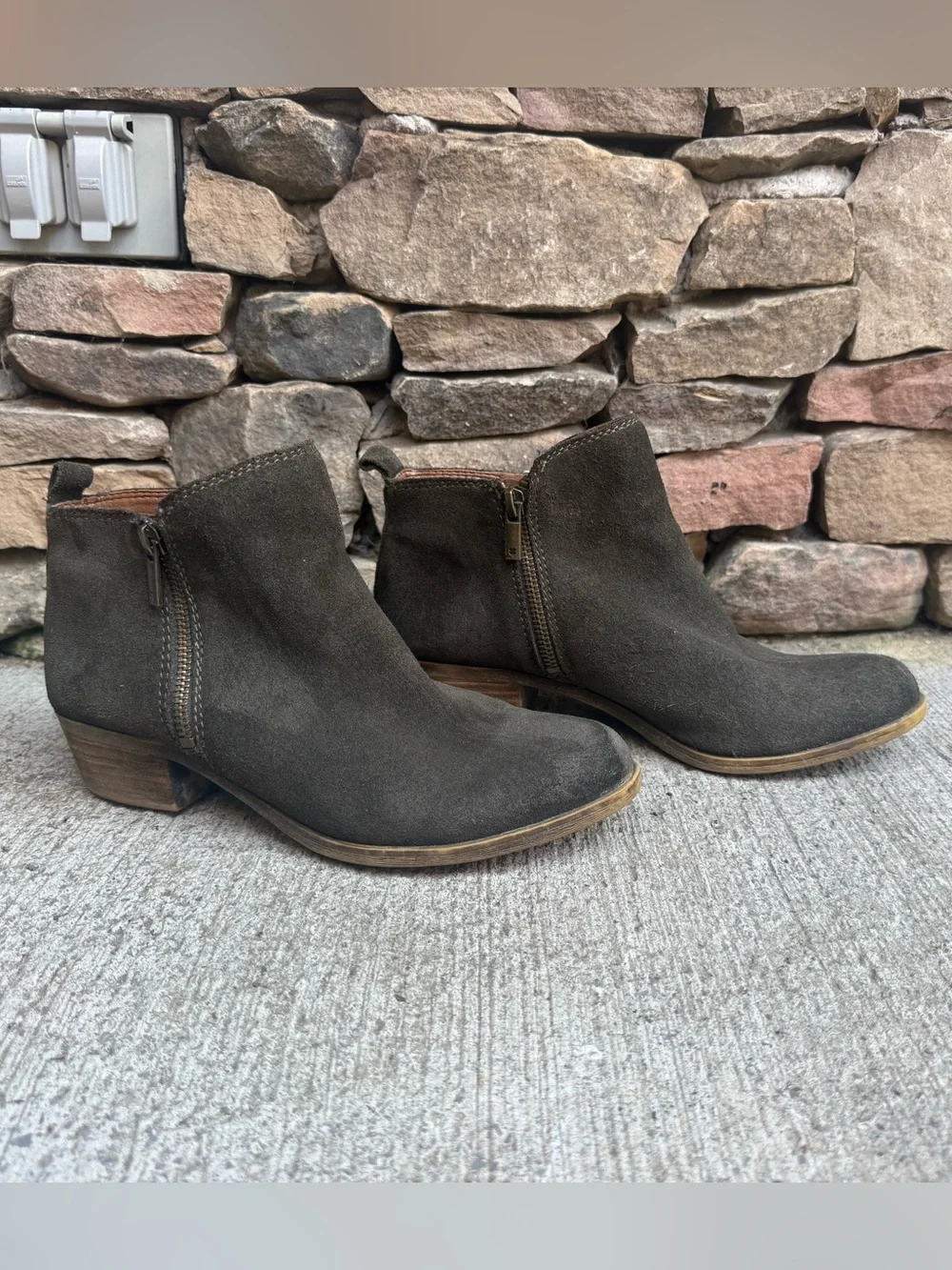 Lucky Brand Dark Olive Suede Ankle Booties with Side Zip